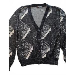 Scandia Black and White Patterned Knit Cardigan Sweater XL